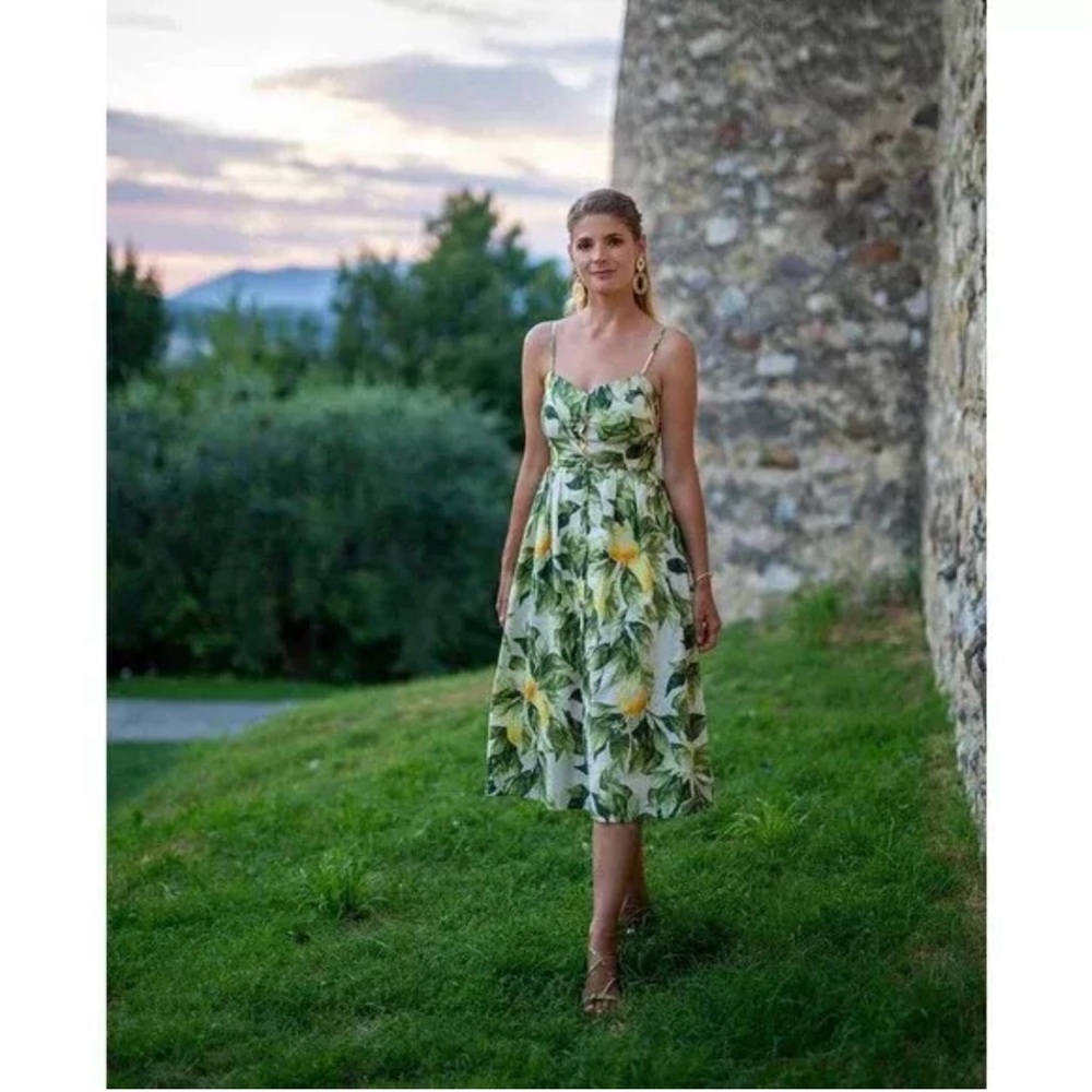 H&M Linen Blend Lemon Print Midi Dress